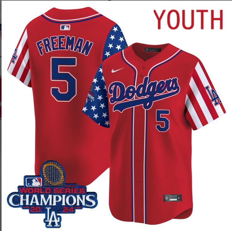 Youth MLB Los Angeles Dodgers #5 Freeman American Style red 2024 World Series Champions  Limited Jersey->youth mlb jersey->Youth Jersey
